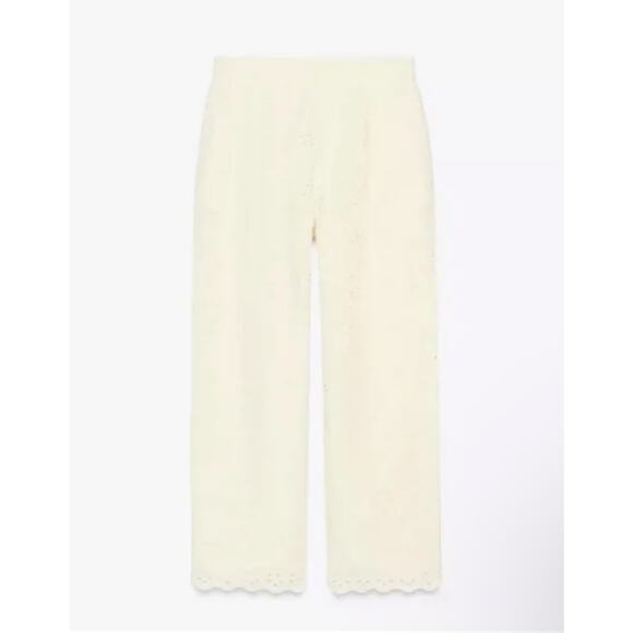 Zara High Waisted Embroidered Eyelet Cropped Scalloped Pants Cream Size Medium - Picture 3 of 16